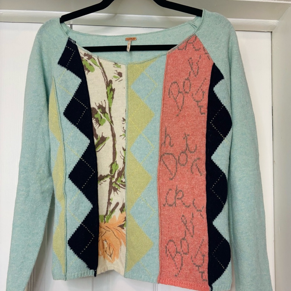 Free People Blue Patchwork Sweater
